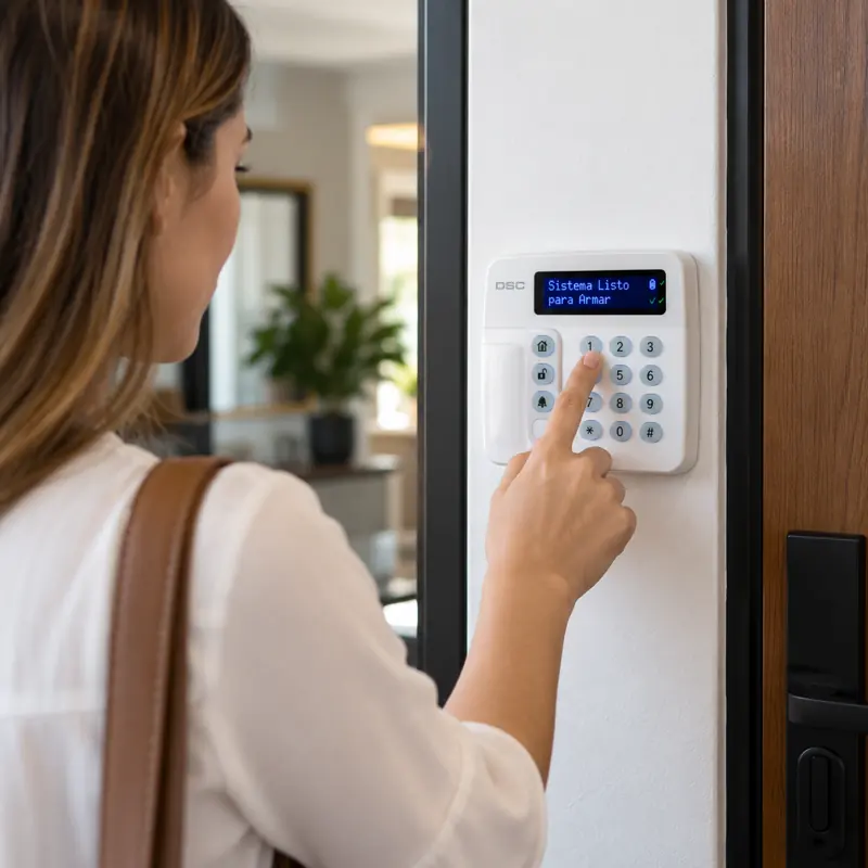 Persona activando la alarma de su casa