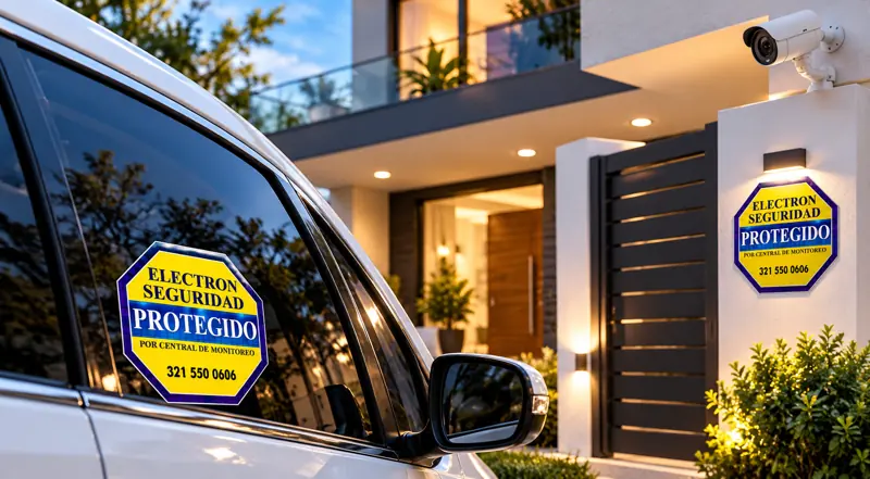 Casa y vehículo con el aviso Protegido por Electron Seguridad